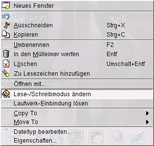 Context-Menü des Partitions-Icon auf dem KDE-Desktop